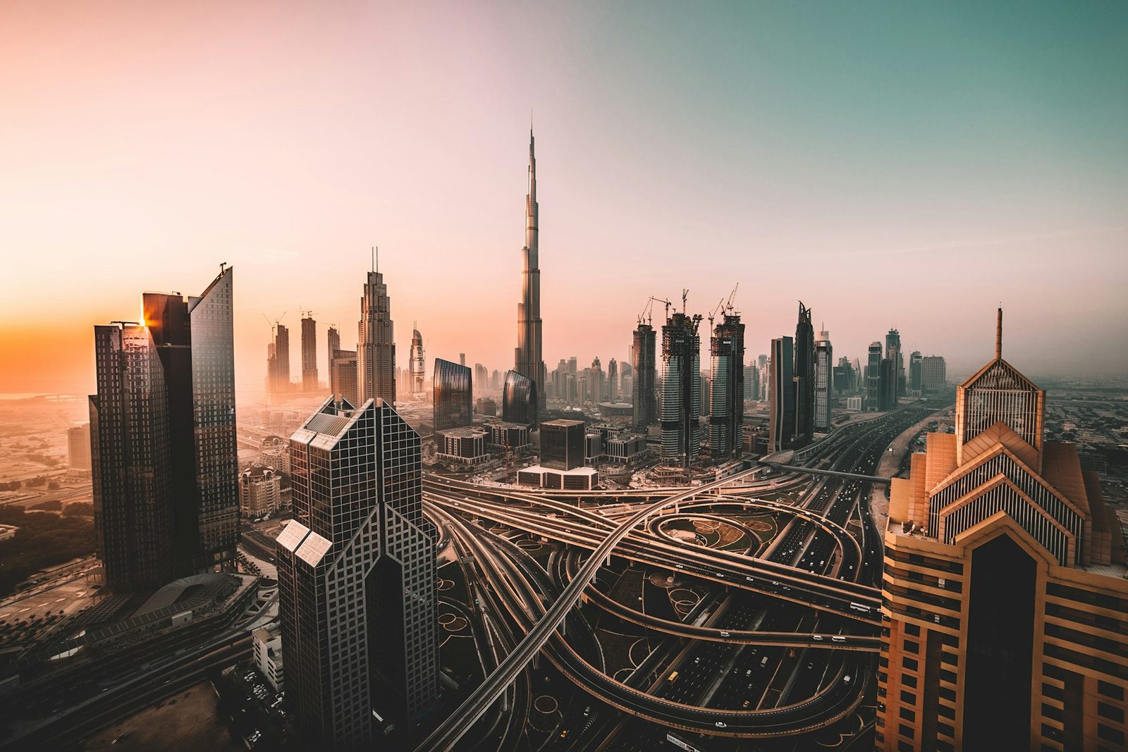 Downtown Dubai skyline at sunset, UAE